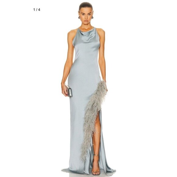 Lapointe Doubleface Satin Halter Cowl Neck Ostrich Gown Dove - Picture 1 of 4